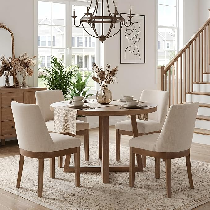 HNY Modern Dining Chairs Set of 4 with Comfortable Back Support, Farmhouse Soft Linen Upholstered Kitchen Dining Room Chairs with Solid Wood Legs, Armless Accent Side Chairs for Living Room, Beige