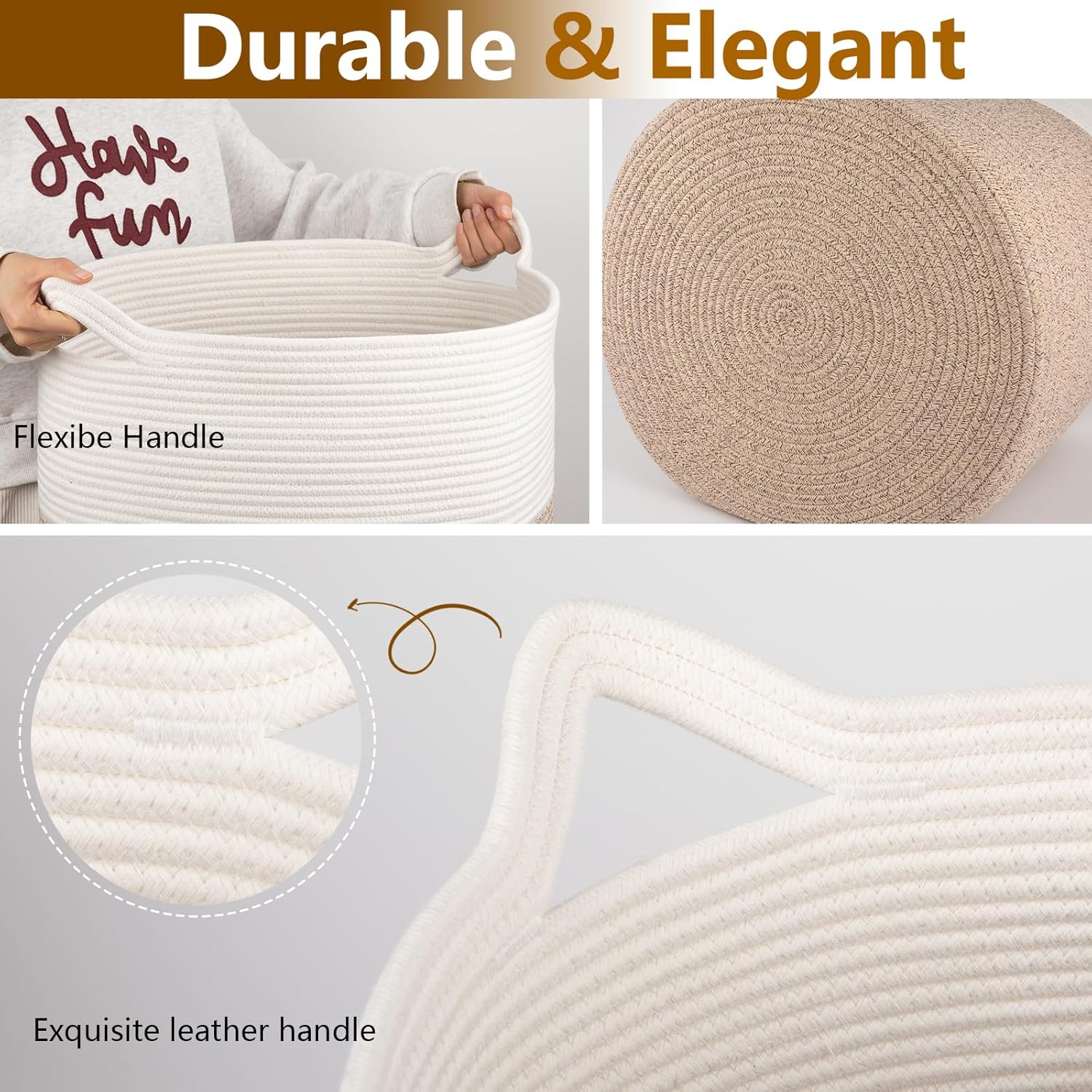 Laundry Basket, 100L Large Laundry Hamper, Tall Woven Rope Storage Basket for Blanket Toys Pillows Towels, Baby Nursery Hamper Bin for Living Room, Bedroom (Brown & White)