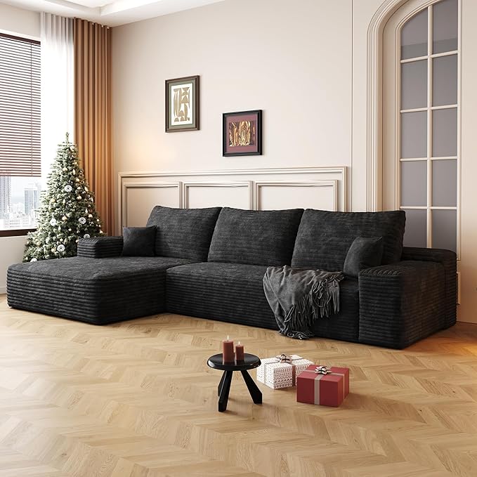 Eafurn Oversized L-Shaped Modular Sectional Sofa with Chaise, Fluffy Corduroy Upholstered Boneless Couch with Deep Seat, Minimalist Flexible Combination for Living Room | Breathable material, Full Foam, Anti-slip