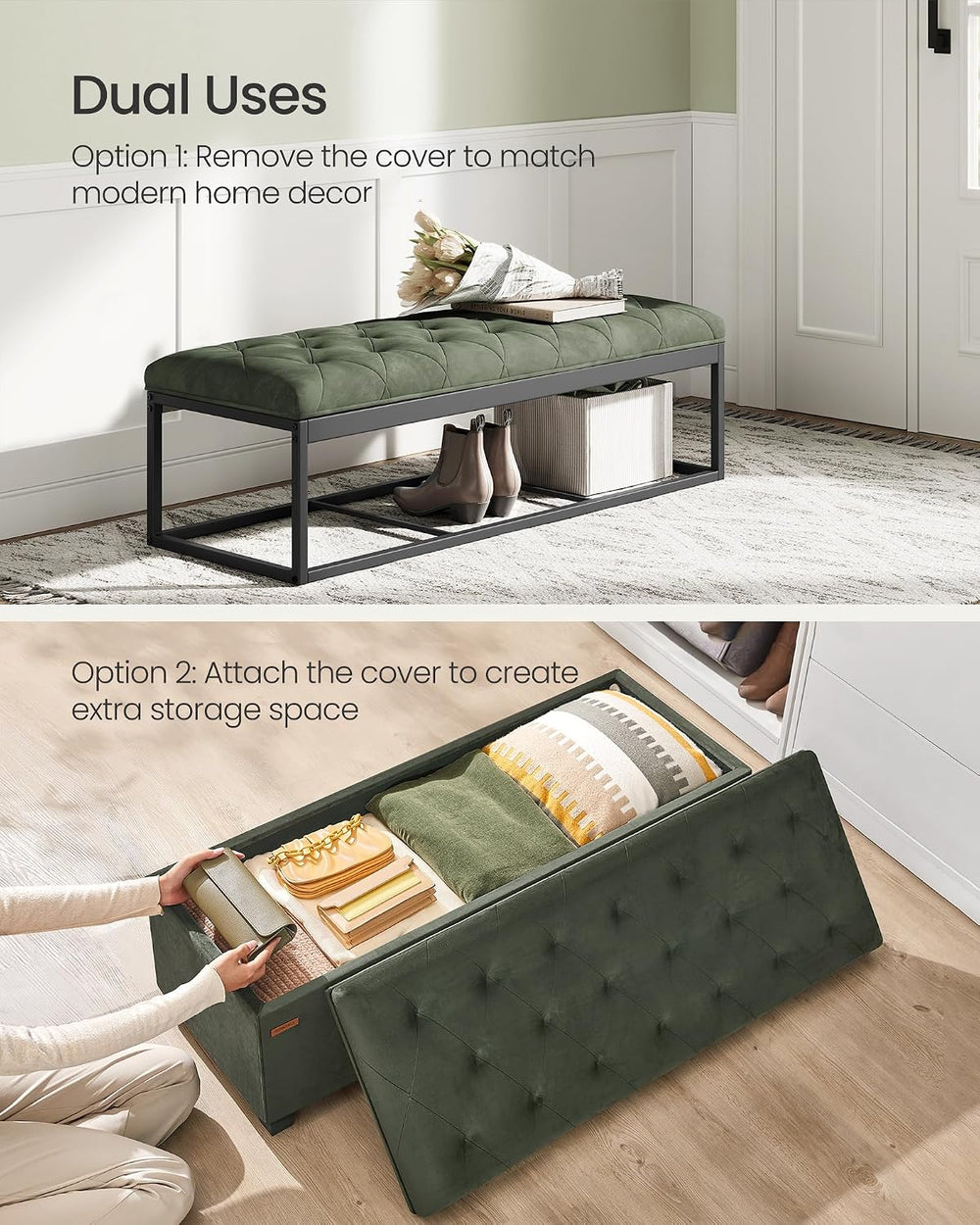 SONGMICS Velvet Storage Ottoman Bench, Foot Rest with Legs, 15.7 x 43 x 15.7 ...
