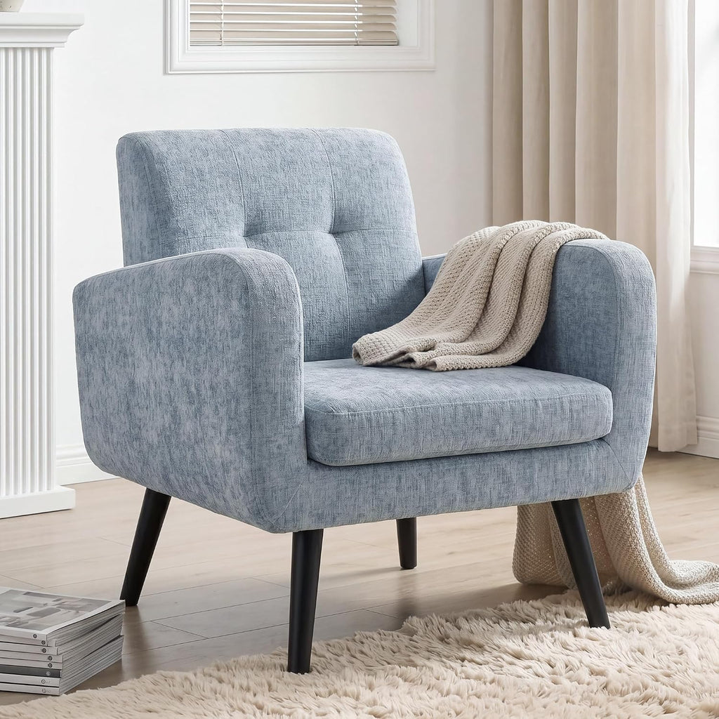 LSSPAID Modern Accent Chair Set of 1, Upholstered Chenille Armchair with Tufted Back, Comfy Single Sofa Chair Lounge Reading Chair with Solid Wood Legs for Living Room Bedroom Office, Dusty Blue