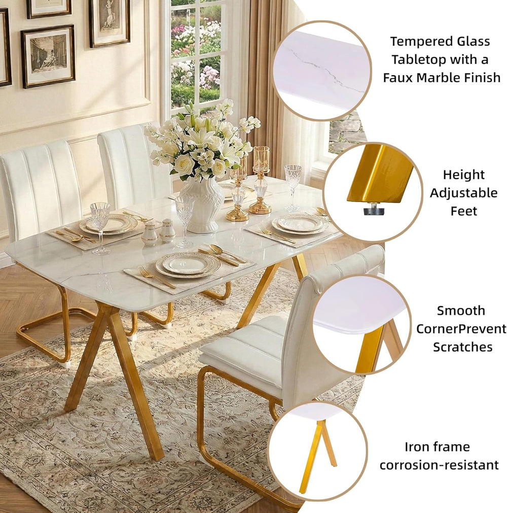 51.2 Inch Faux Marble Dining Table,Rectangular Glass Dining Table for 4-6,Whi...