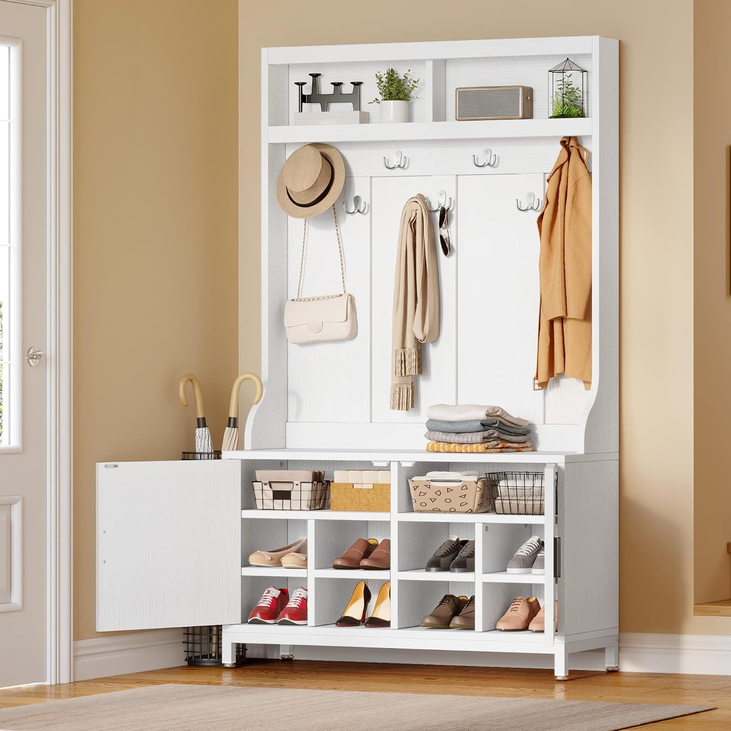 YITAHOME Hall Tree with Shoe Bench for Entryway, 4-in-1 Coat Rack with Bench, Entrance Organizer with Shoe Storage, Hall Tree with Adjustable Shoe Storage and Hanging Hooks, White