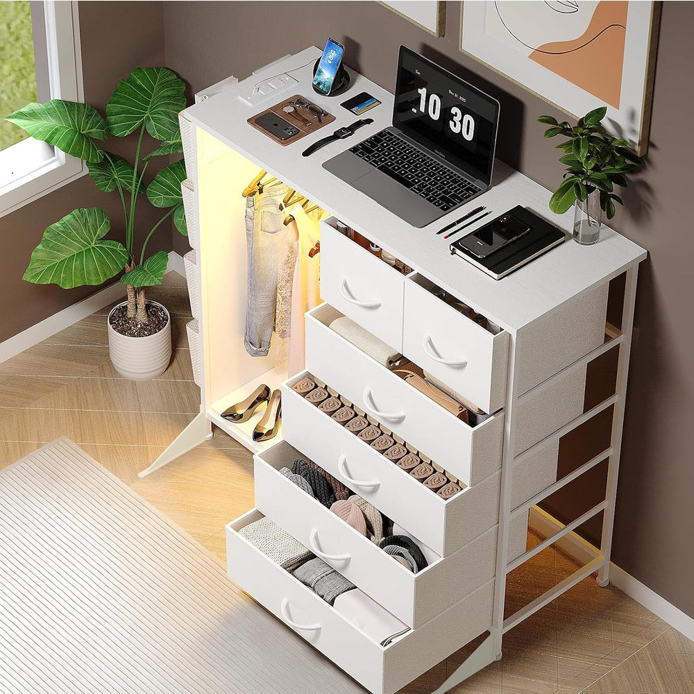6 Drawer Dresser for Bedroom with Clothes Rack, Clothes Dresser with Side Poc...