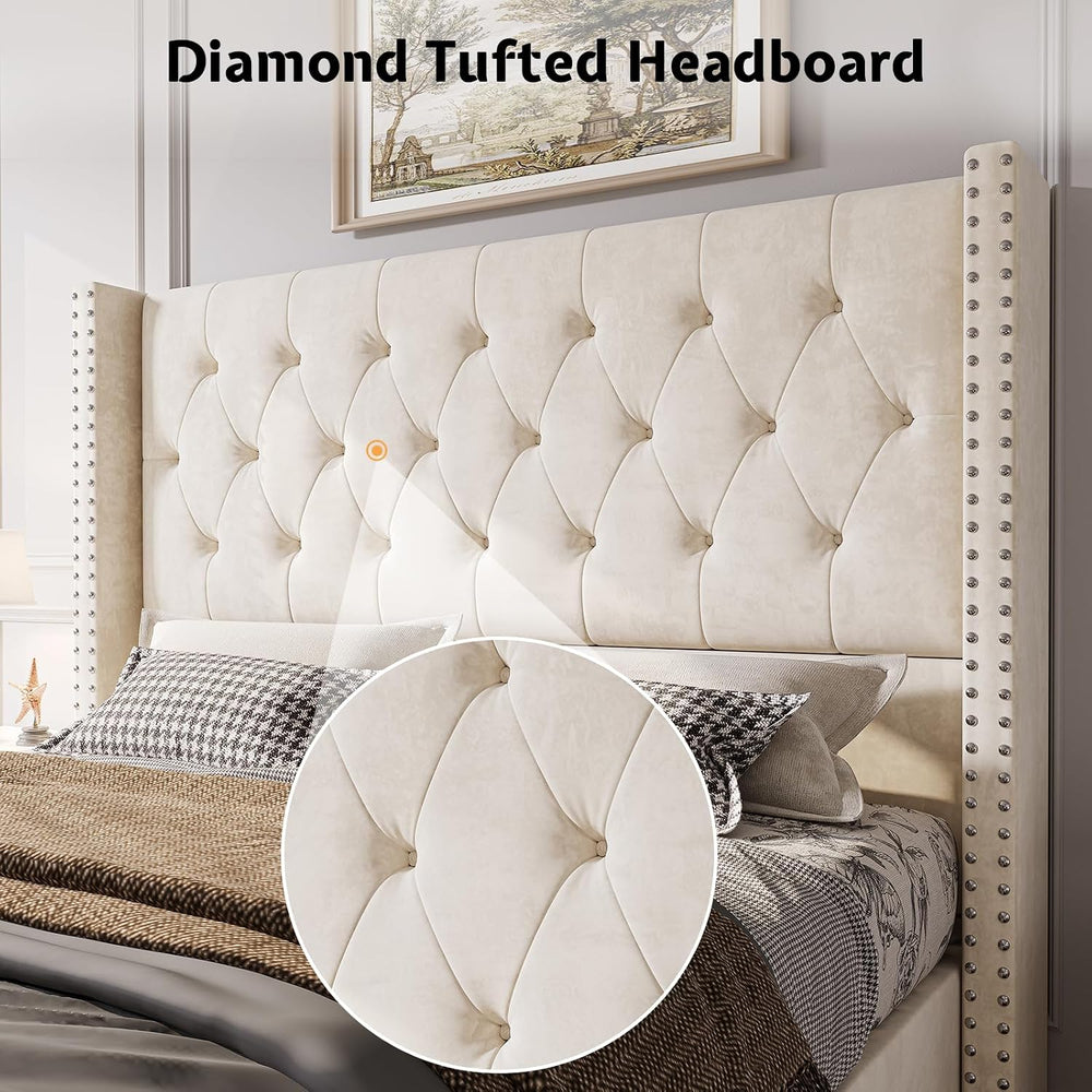 PaPaJet King Velvet Bed Frame with 49.2" Tall Wingback Headboard, Cream