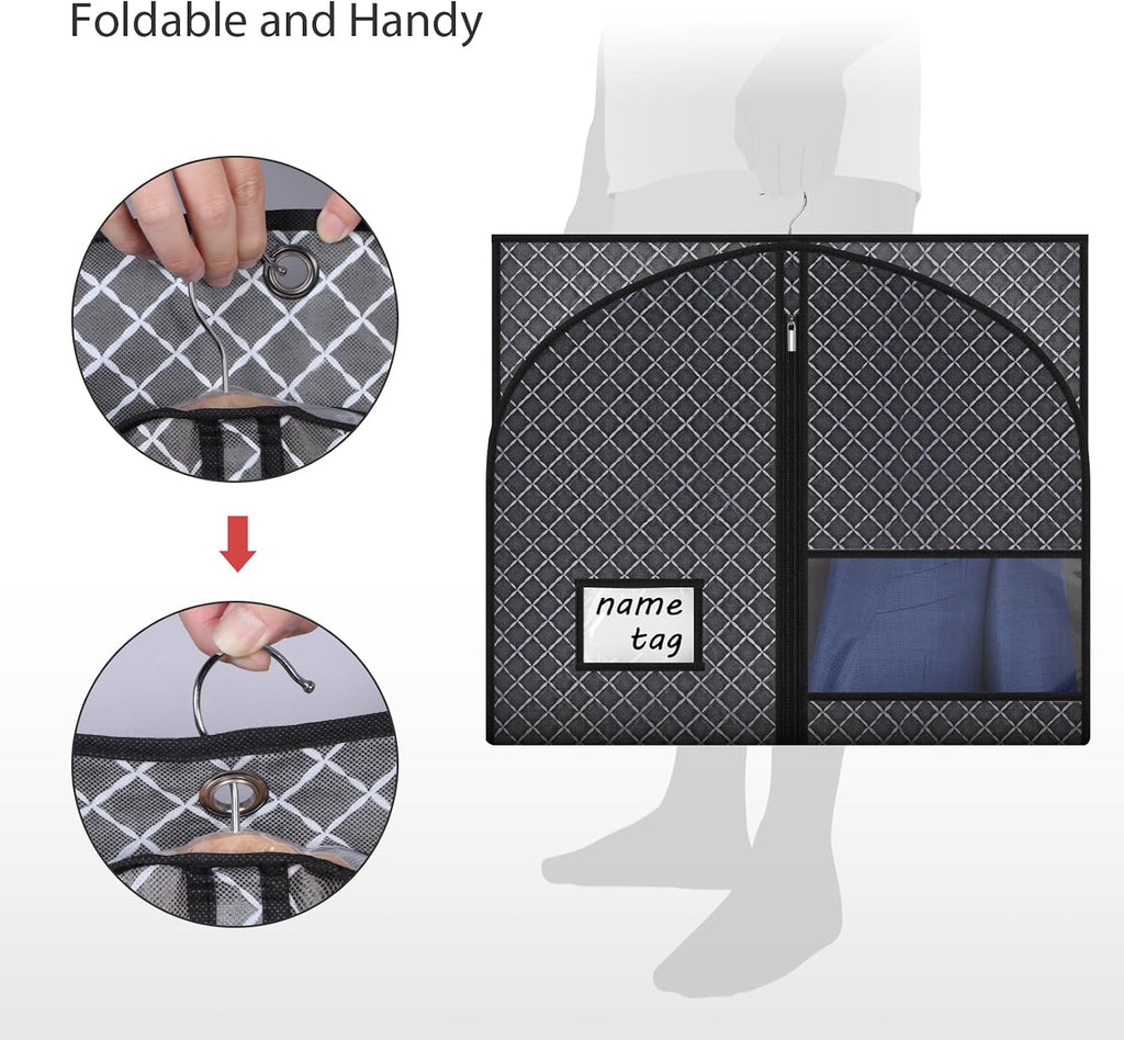 Univivi Suit Bags for Closet Storage and Travel, 40 Inch, 5 Pack, Black | Non-woven fabric, Breathable Suit Cover, Dustproof Hanging Storage Bag, Clear Window and ID Card Holder for Closet Storage