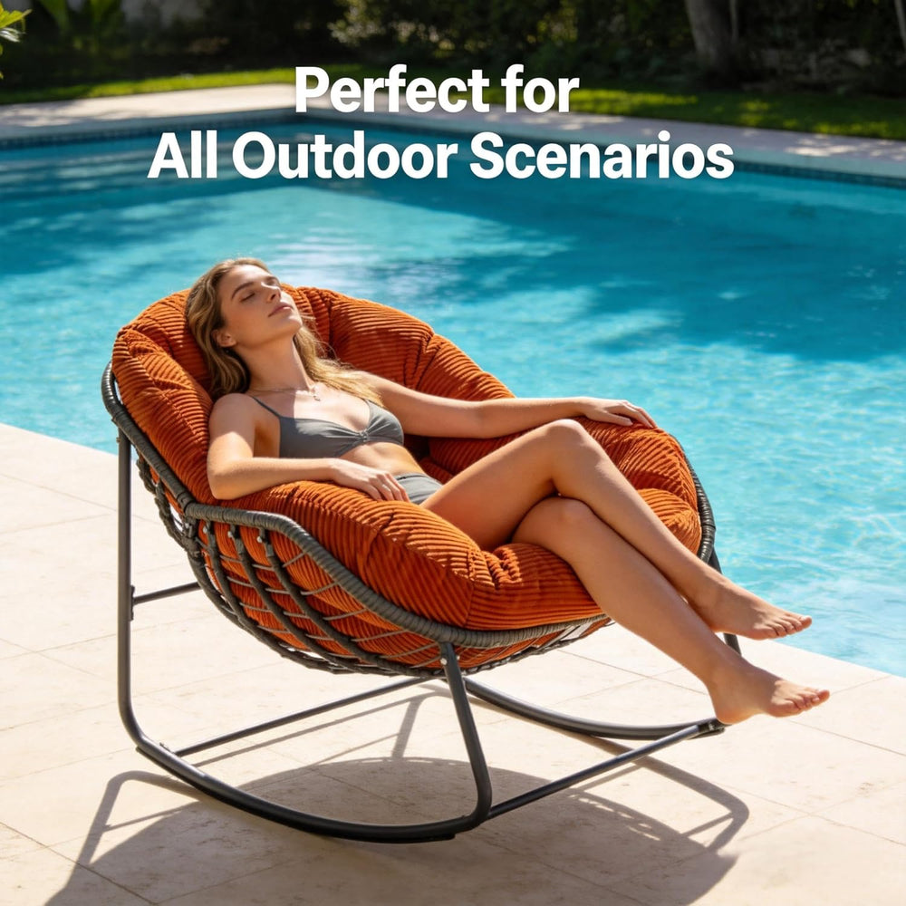 Oversized Outdoor Papasan Rocking Chair with Soft Cushion, Comfy Patio Egg Ch...
