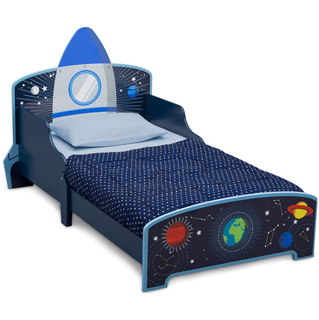 Delta Children Space Adventures Rocket Ship Wood Toddler Bed - Greenguard Gold Certified, Blue & Space Adventures Kids Upholstered Chair, Blue