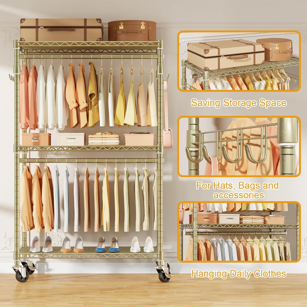 P1 Rolling Clothes Rack, Portable Wardrobe Closet with Wheels, Heavy-Duty Closet Clothing Rack for Hanging Clothes, 35.5" W x 15.7" D x 80.5" H, Hold 500lbs, Gold