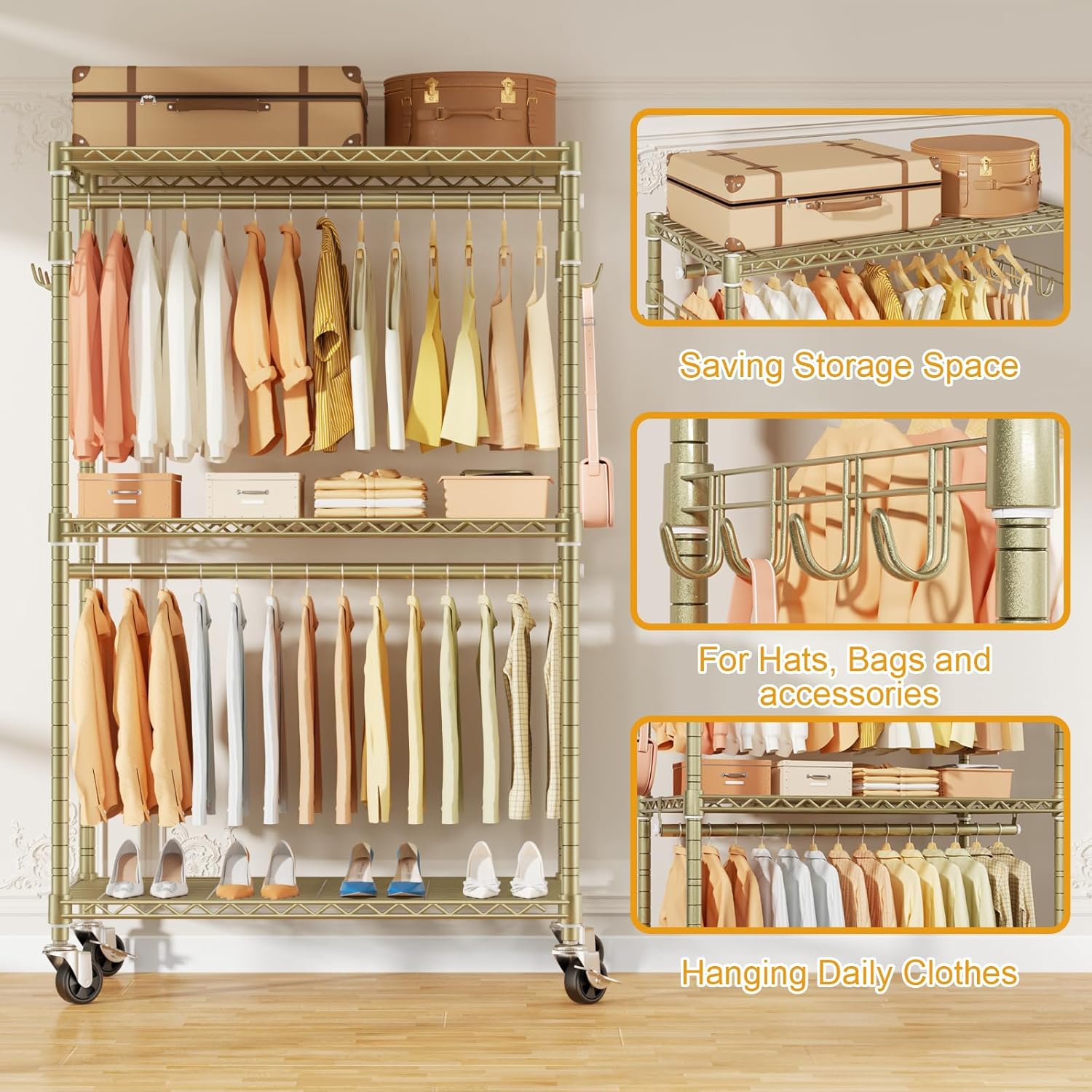 P1 Rolling Clothes Rack, Portable Wardrobe Closet with Wheels, Heavy-Duty Closet Clothing Rack for Hanging Clothes, 35.5" W x 15.7" D x 80.5" H, Hold 500lbs, Gold