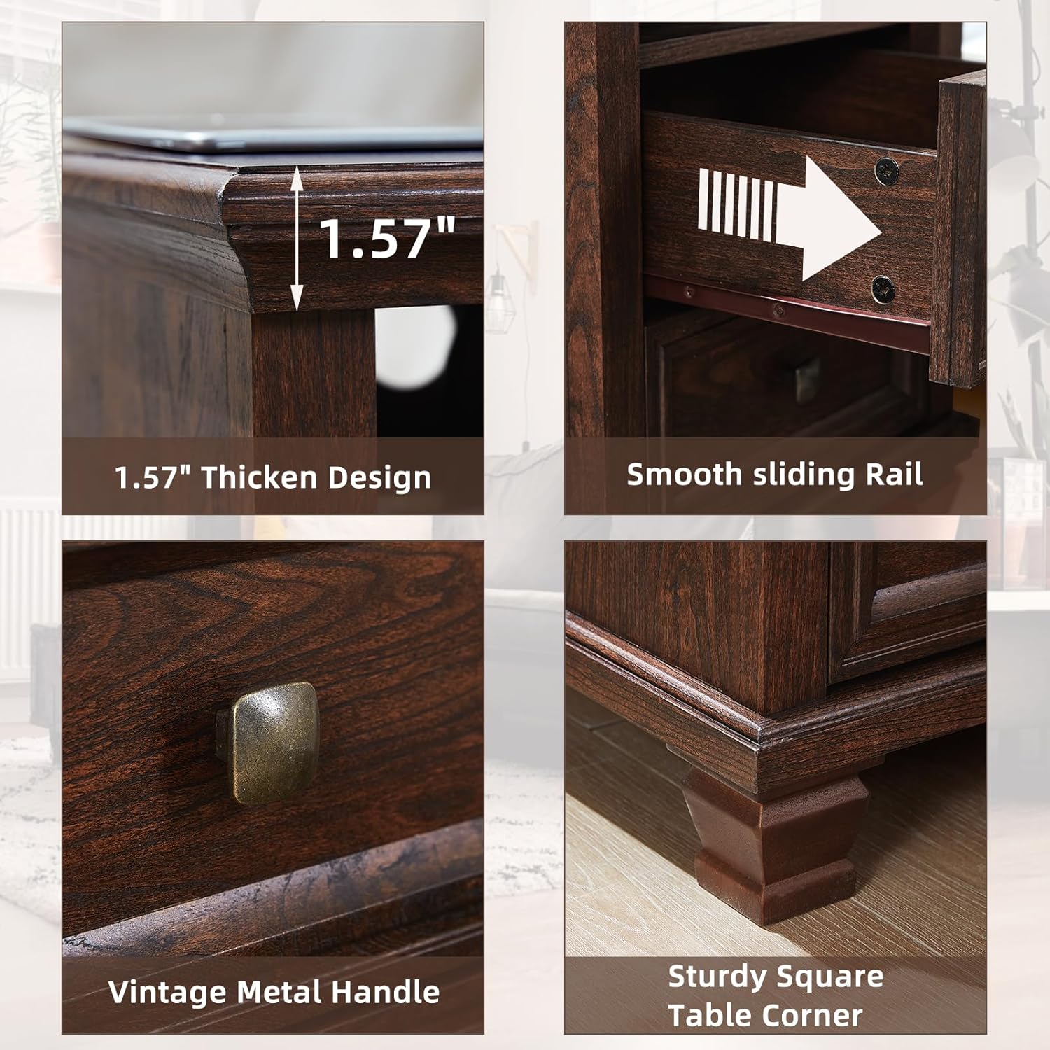 SAVOR LIFE Farmhouse Nightstand with Charging Station, Walnut | End Tables Bedroom with 2 Drawers, Traditional Night Stand with Open Shelf & Thickened Top & Square Wooden Legs