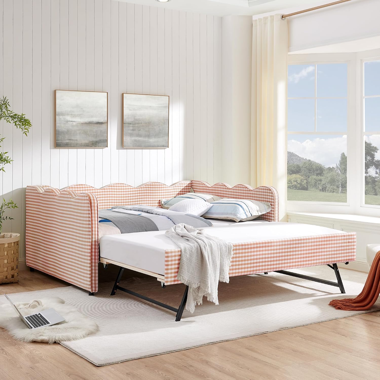 KEIKI Full Size Upholstery Daybed with Trundle and USB, Full to King Design Adorable Wave Shaped Extendable Linen Sofa Bed, Easy Assembly, No Box Spring Required, for Living Room and Bedroom, Pink