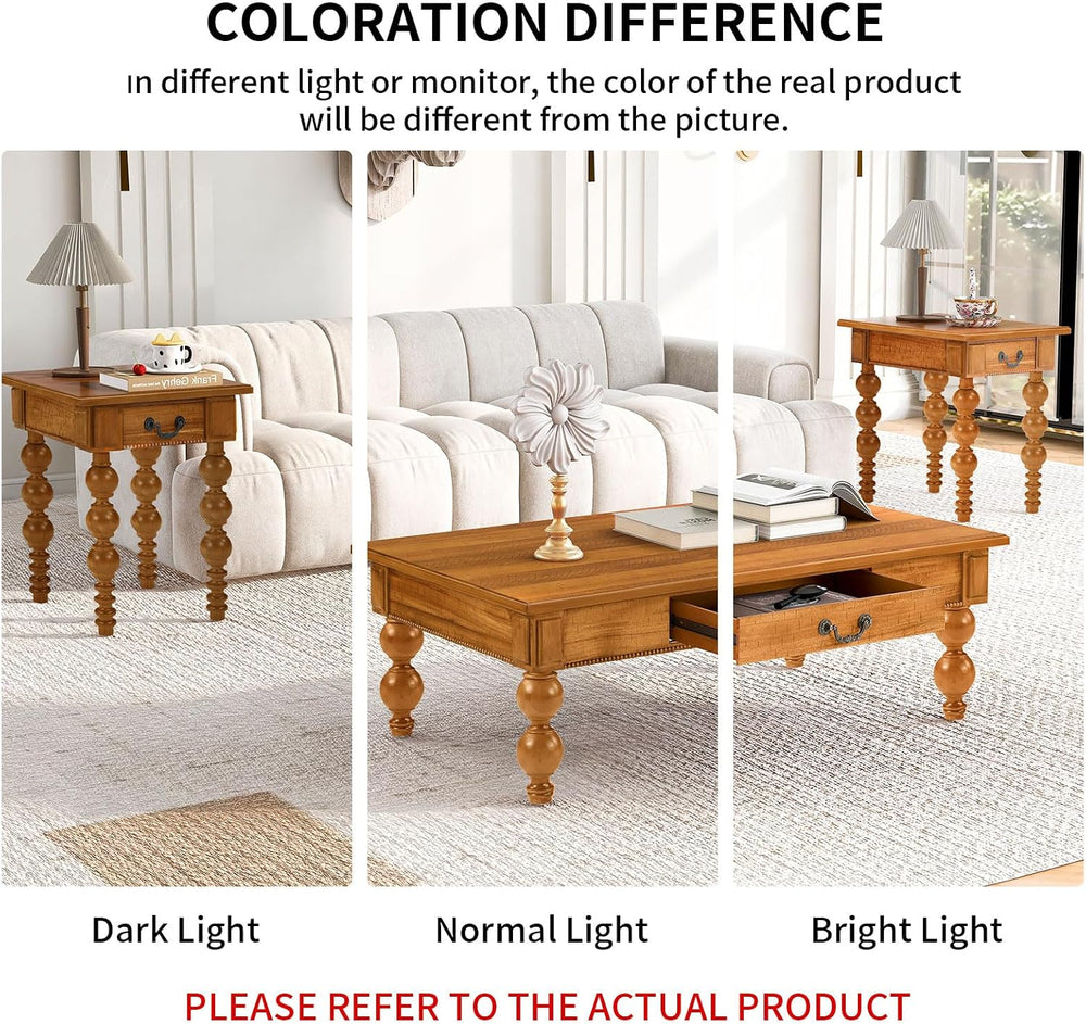 LKTART 3 Pieces Living Room Table Set, Wooden Vintage Coffee Table with 2 Nar...