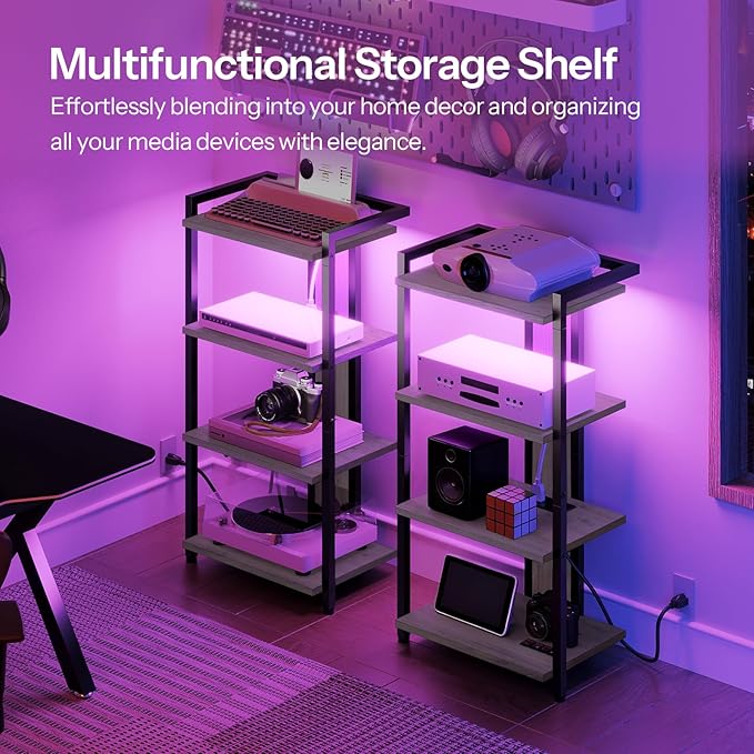 HOOBRO 4-Tier AV Media Stand, Media Console with Charging Station and LED Light, Wooden Stereo Cabinet, Corner TV Stand, Record Player, Entertainment Device Stand, BG38UDCJ01
