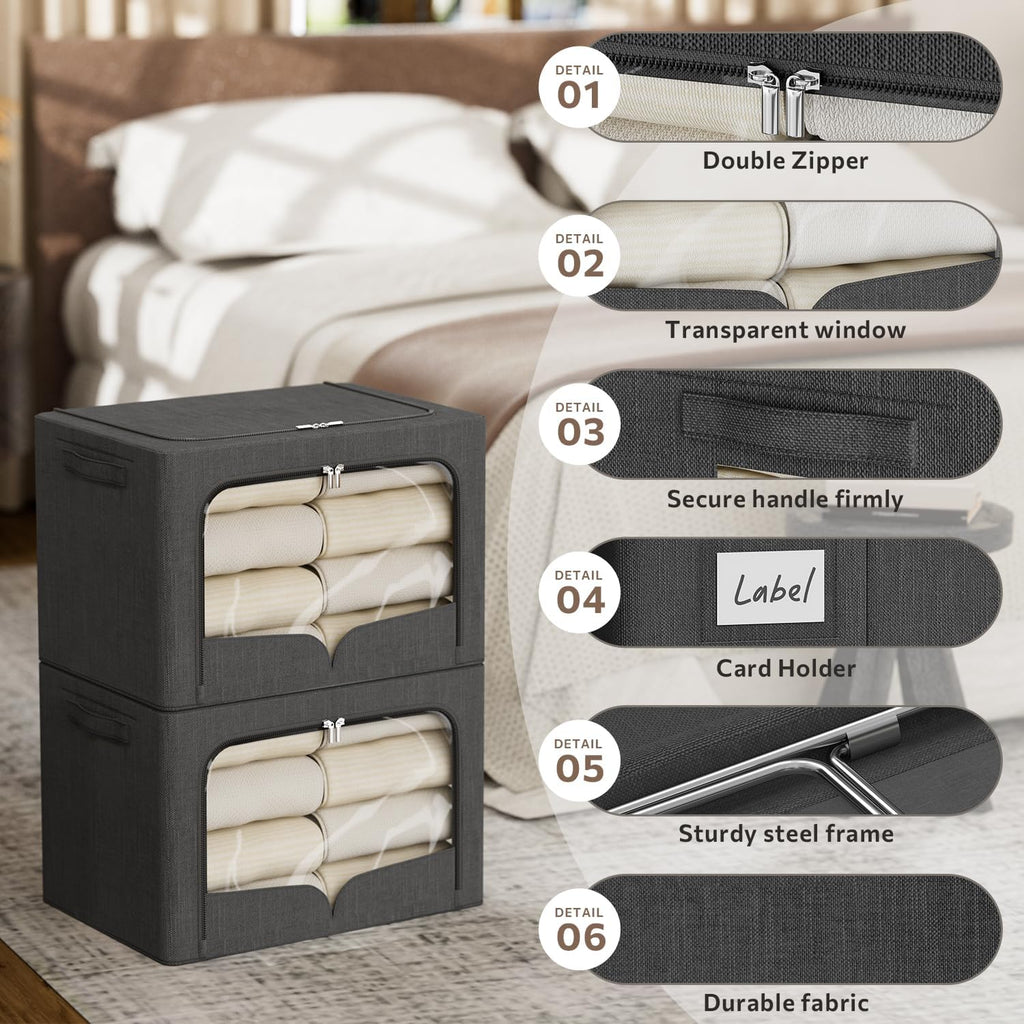 FHSQX 3 Pack Clothes Storage Bins Foldable Metal Frame Storage Box Stackable Linen Fabric Organizer Set with Carrying Handles and Clear Window (Dark Gray, 15.7x11.8x7.8inch(22L))