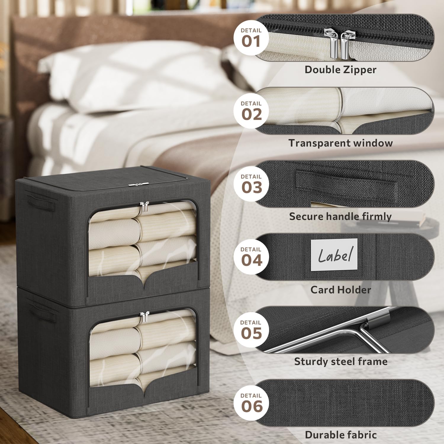 FHSQX 3 Pack Clothes Storage Bins Foldable Metal Frame Storage Box Stackable Linen Fabric Organizer Set with Carrying Handles and Clear Window (Dark Gray, 15.7x11.8x7.8inch(22L))