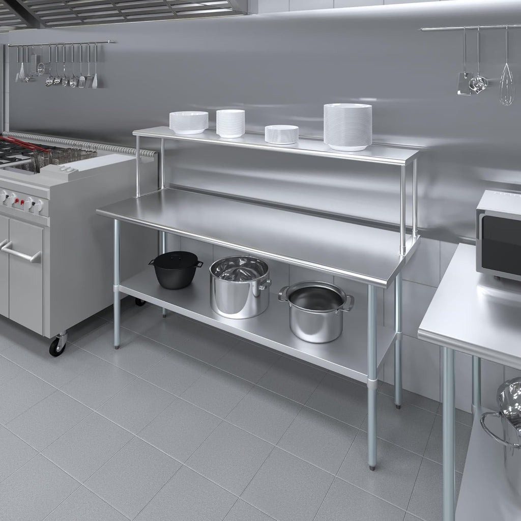 Stainless Steel Work Table with Wide Single Tier Overshelf | 24" x 72" Work Table + 12" Overshelf