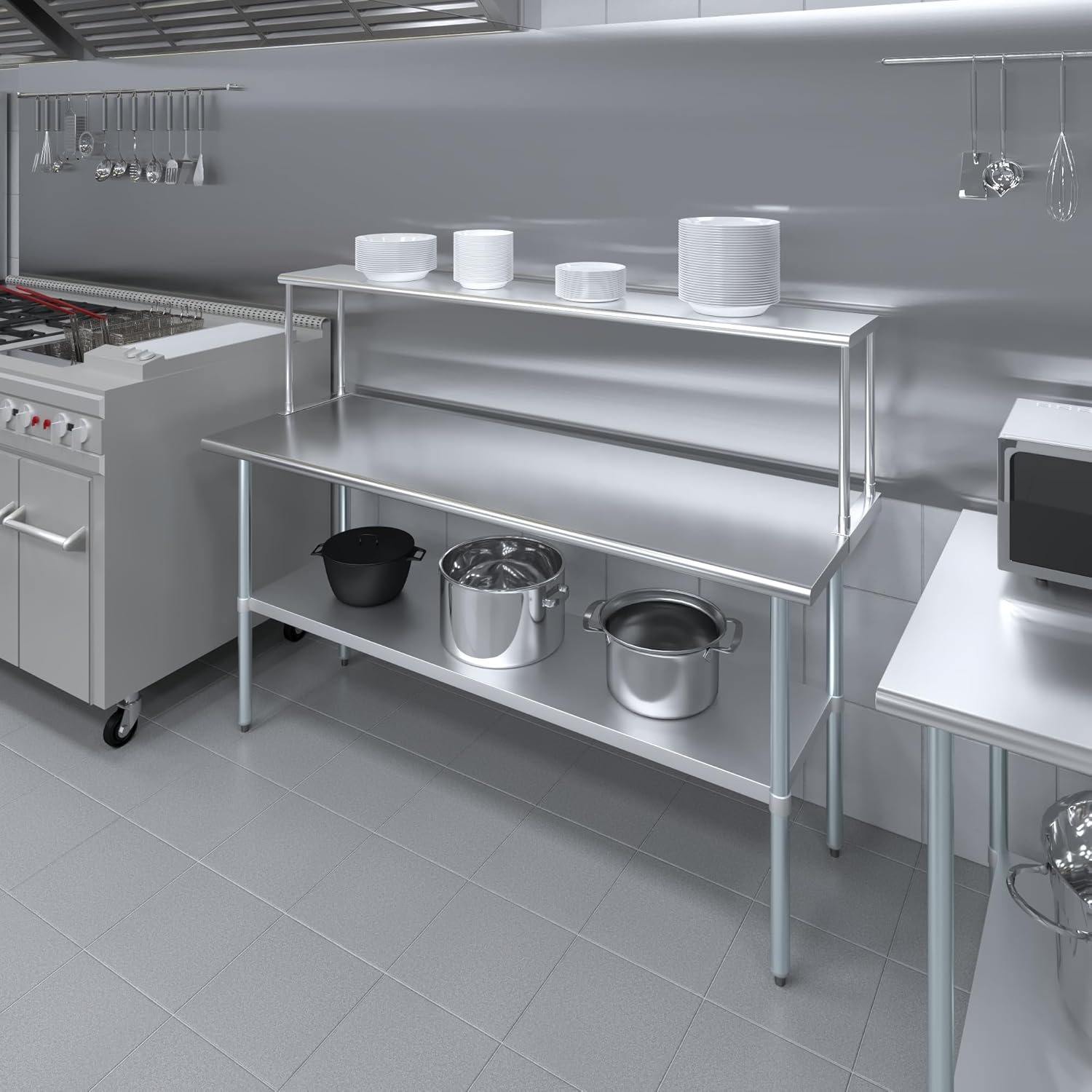 Stainless Steel Work Table with Wide Single Tier Overshelf | 24" x 72" Work Table + 12" Overshelf