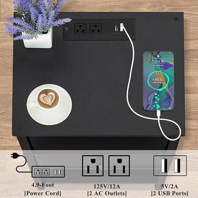Lerliuo Nightstand with Charging Station and USB Ports, 3-Tier Storage End Ta...