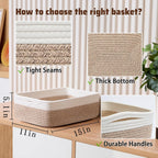 Large Shallow Organizing Baskets 15x11x5.1 Inches - Rope Woven Storage Bins for Bathroom, Shelves, Cube Closet, White Mixed Brown 3 Packs