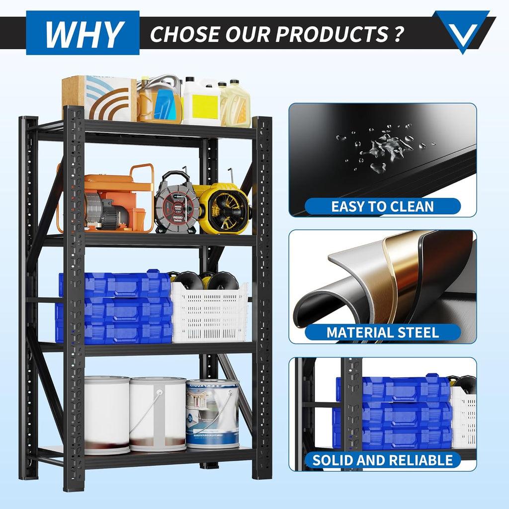 3000LBS Garage Shelving 32" W Garage Shelving Heavy Duty 4-Tier Metal Storage Shelves Adjustable Shelf Unit Storage Rack for Basement Supermarket Warehouse 32" W x 20" D x 63" H Black
