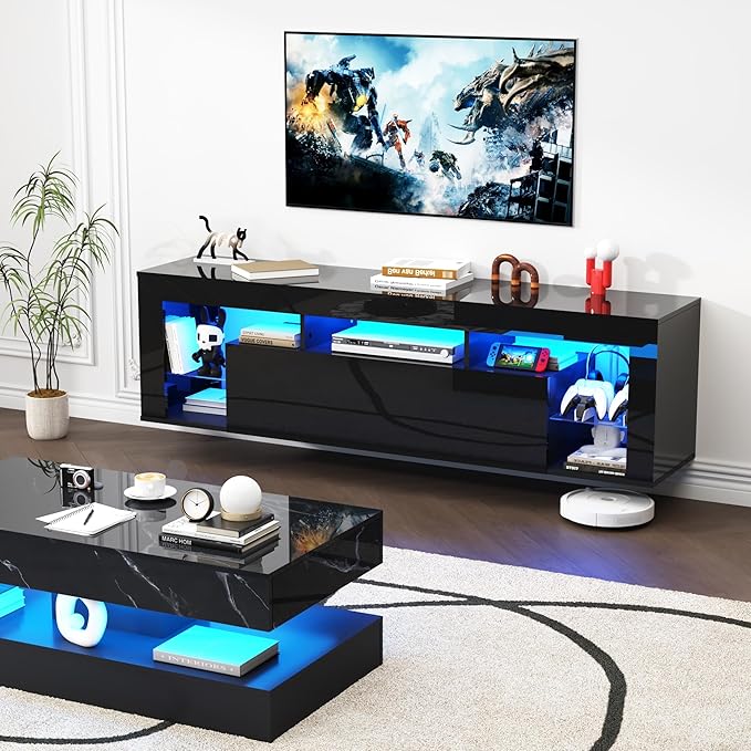 63" Floating High Gloss LED TV Stand for 75" TVs, Wall-Mounted Ente...