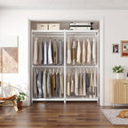 Homykic Bamboo Clothes Rack with Shelves and Double Hang Rods, Portable Closet System Garment Rack for Hanging Clothes, Tall Clothing Rack Corner Closet Organizer, Easy to Built, Freestanding, White