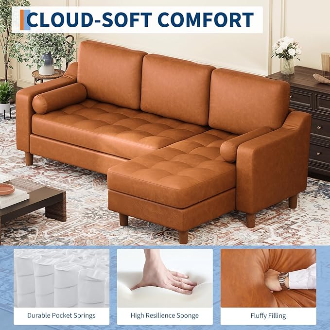 GarveeHome 88.9" L-Shape Sofa with Convertible Chaise, Sectional Leather Sofa with Deep Seat, Mid-Century Modern Sofa for Living Room, 3 Seat Leather Couch, Cognac Tan