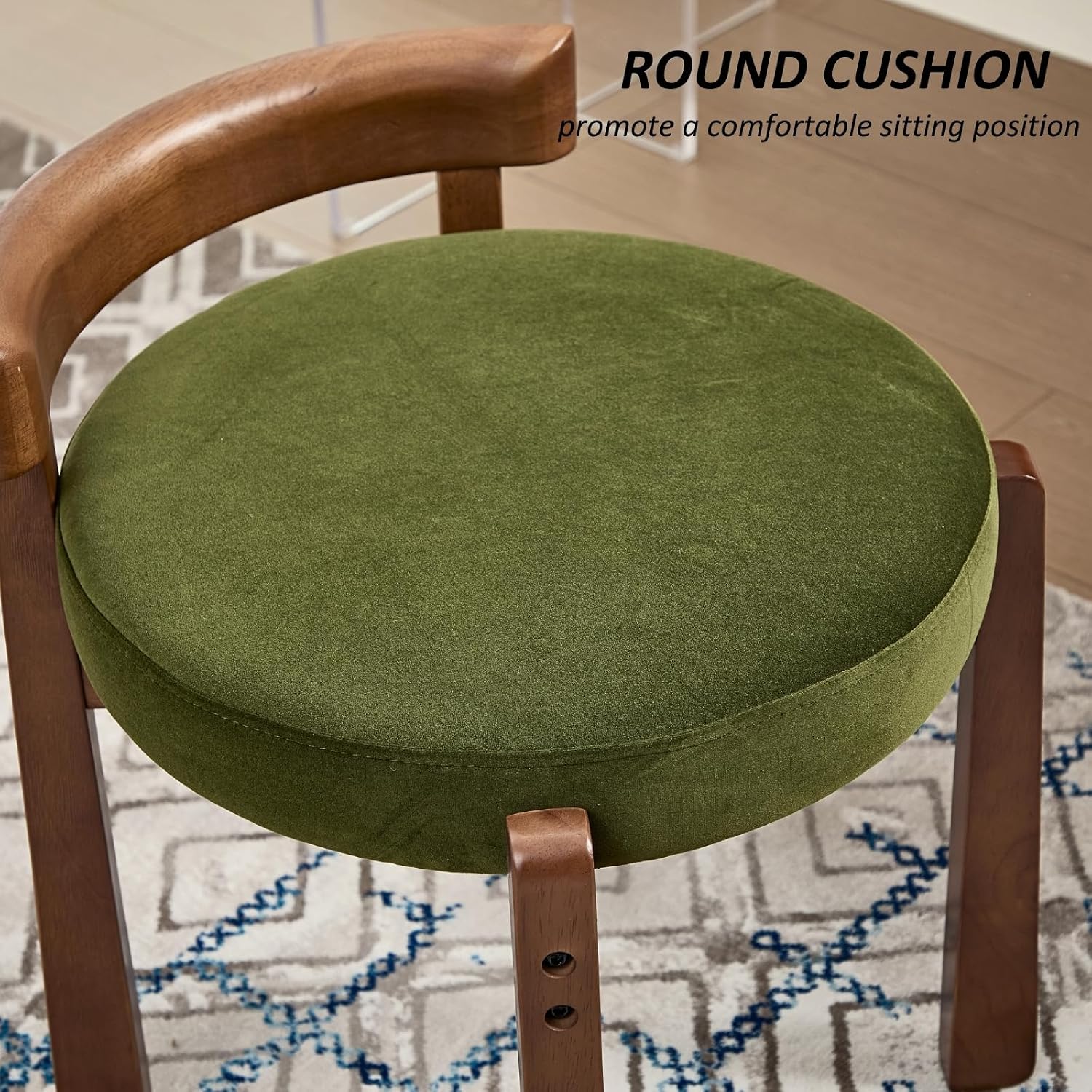 HEAH-YO Wood Vanity Chair with Back, Velvet Upholstered Small Ottoman Footstool, Mid-Century Modern Makeup Chair with Solid Wood Legs for Makeup Room Bedroom Living Room, Green