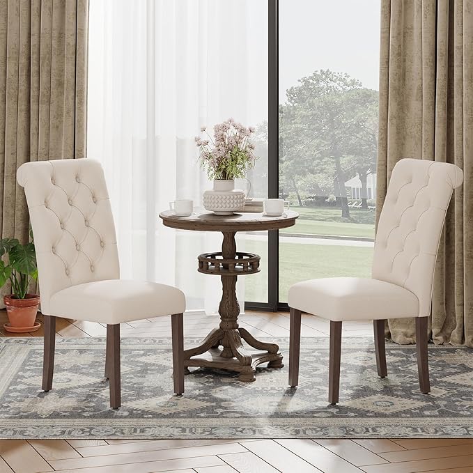Upholstered Tufted Dining Room Chairs Set of 2, Parsons Kitchen Chairs with Padded Seat and Solid Wood Legs, Fabric Accent Side Diner Chair for Dining Room/Kitchen/Living Room, Beige