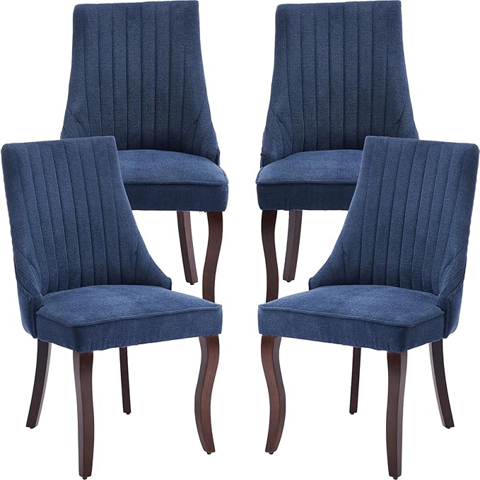 Navy Mid Century Dining Chairs Set of 4, Modern Kitchen & Dining Room Chairs Set of 4, Linen Upholstered Kitchen Chair, Sillas de Comedor, Wood Legs (Blue, 4 Pcs)