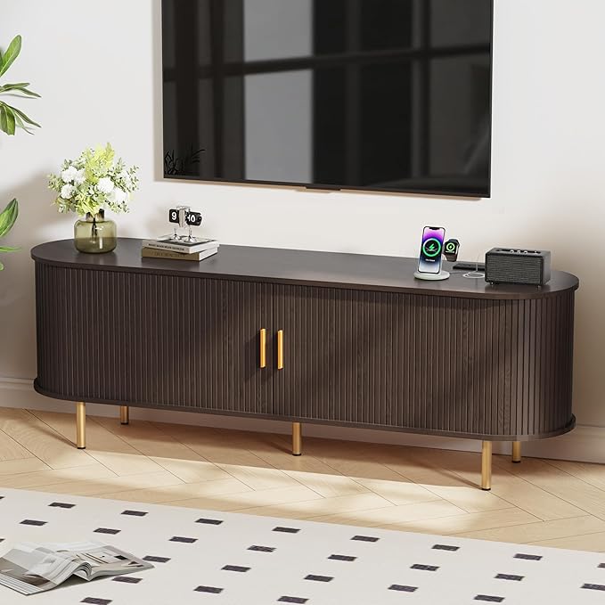 DHH 63 Inch Mid Century Modern TV Stand with Power Outlet for TVs up to 70 Inch, Entertainment Center with Storage and Adjustable Shelves, Media Console with Sliding Doors for Living Room(Brown)