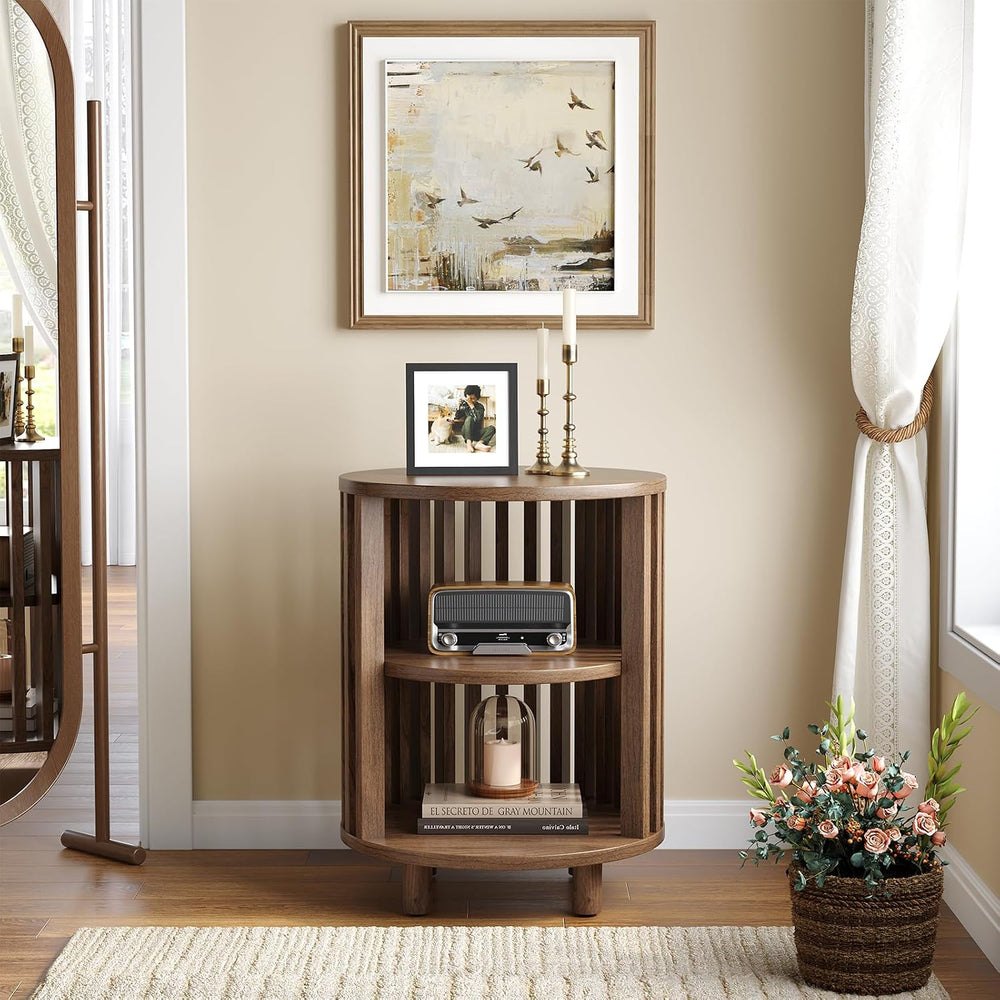 Round End Table Set of 2,Wood Side Tables for Living Room,Walnut