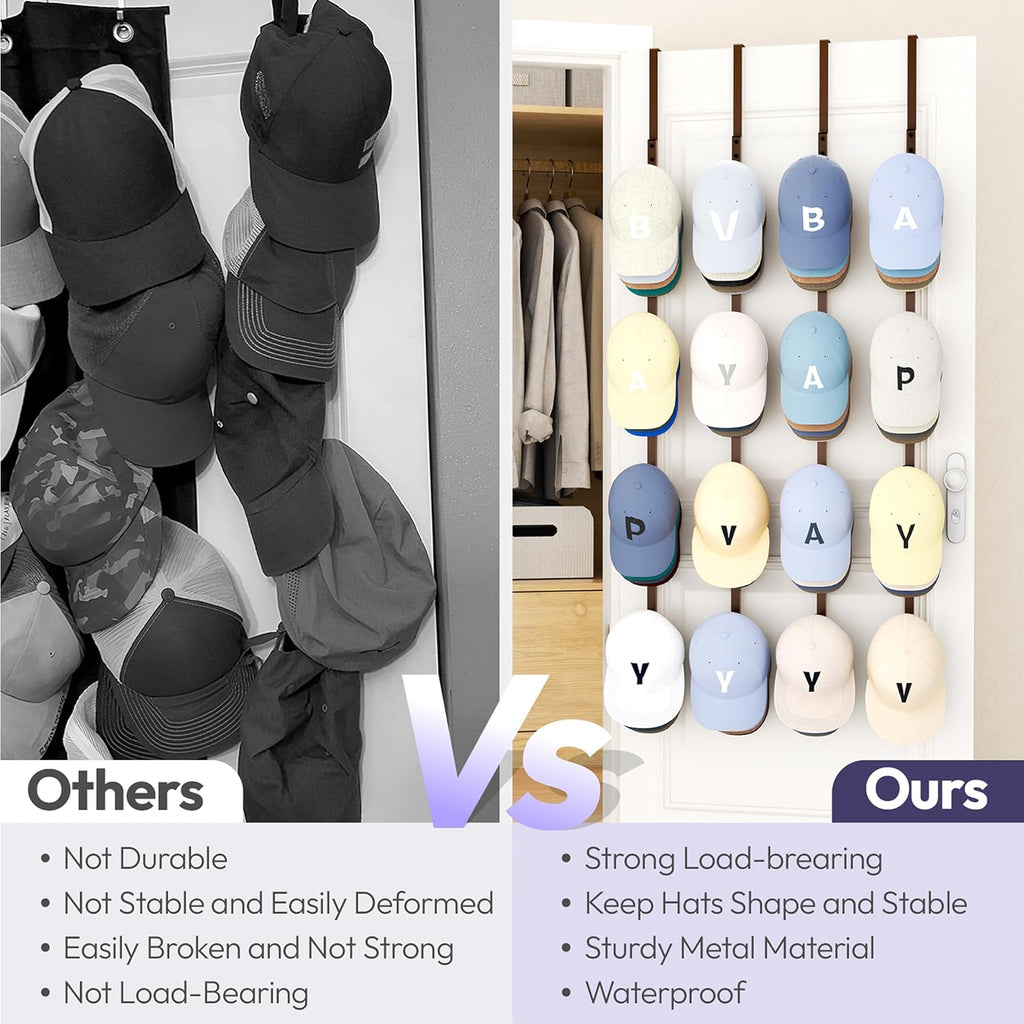 SWTYMIKI Over Door Hat Organizer - 4 Packs Metal Hanging Hat Rack with 16 Hooks Design, Baseball Cap Hanger Organizer Storage Holds up to 80 Caps for Door, Bedroom, Closet