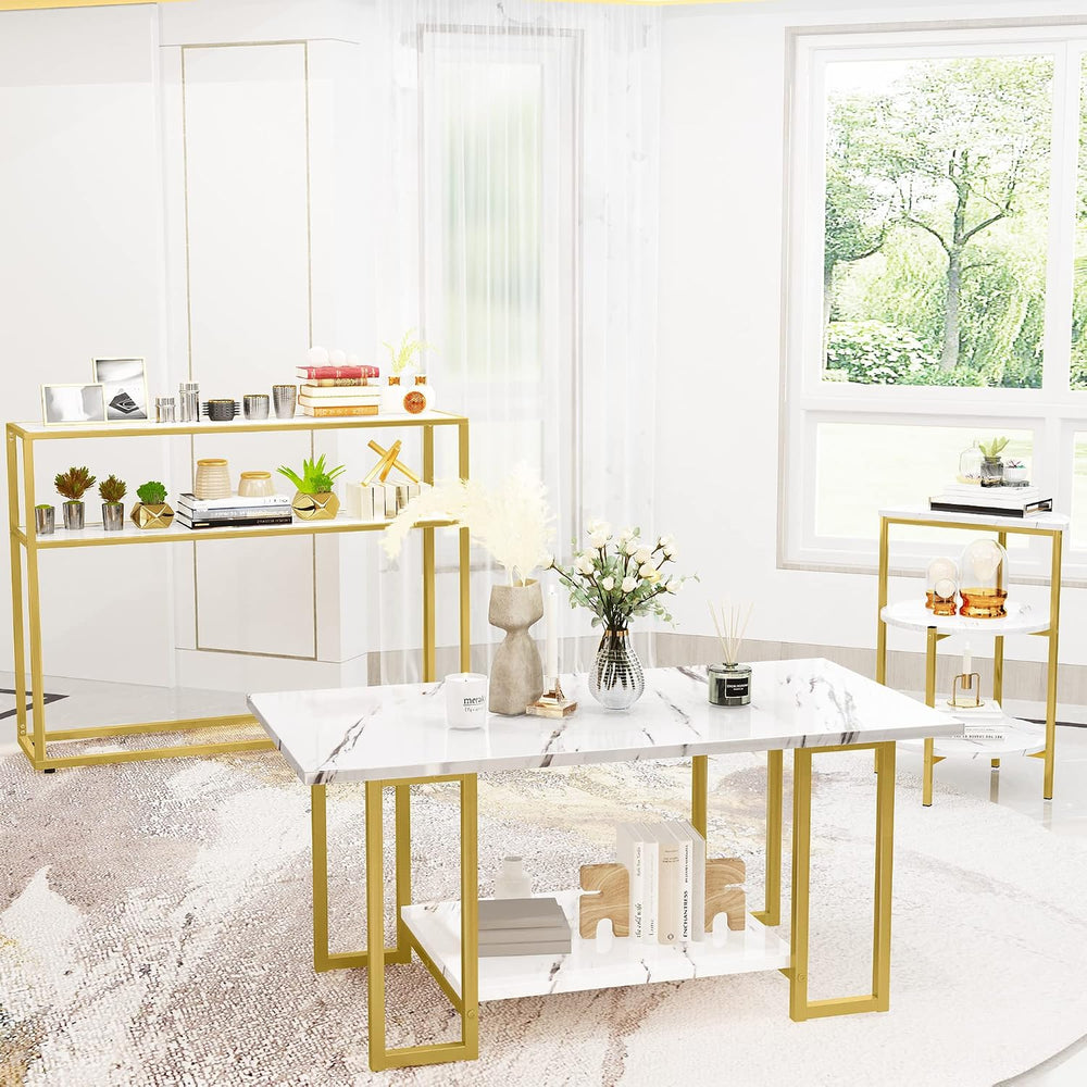 AWQM Coffee Table Set, Faux Marble Table & 2 Side Table, White&Gold |...