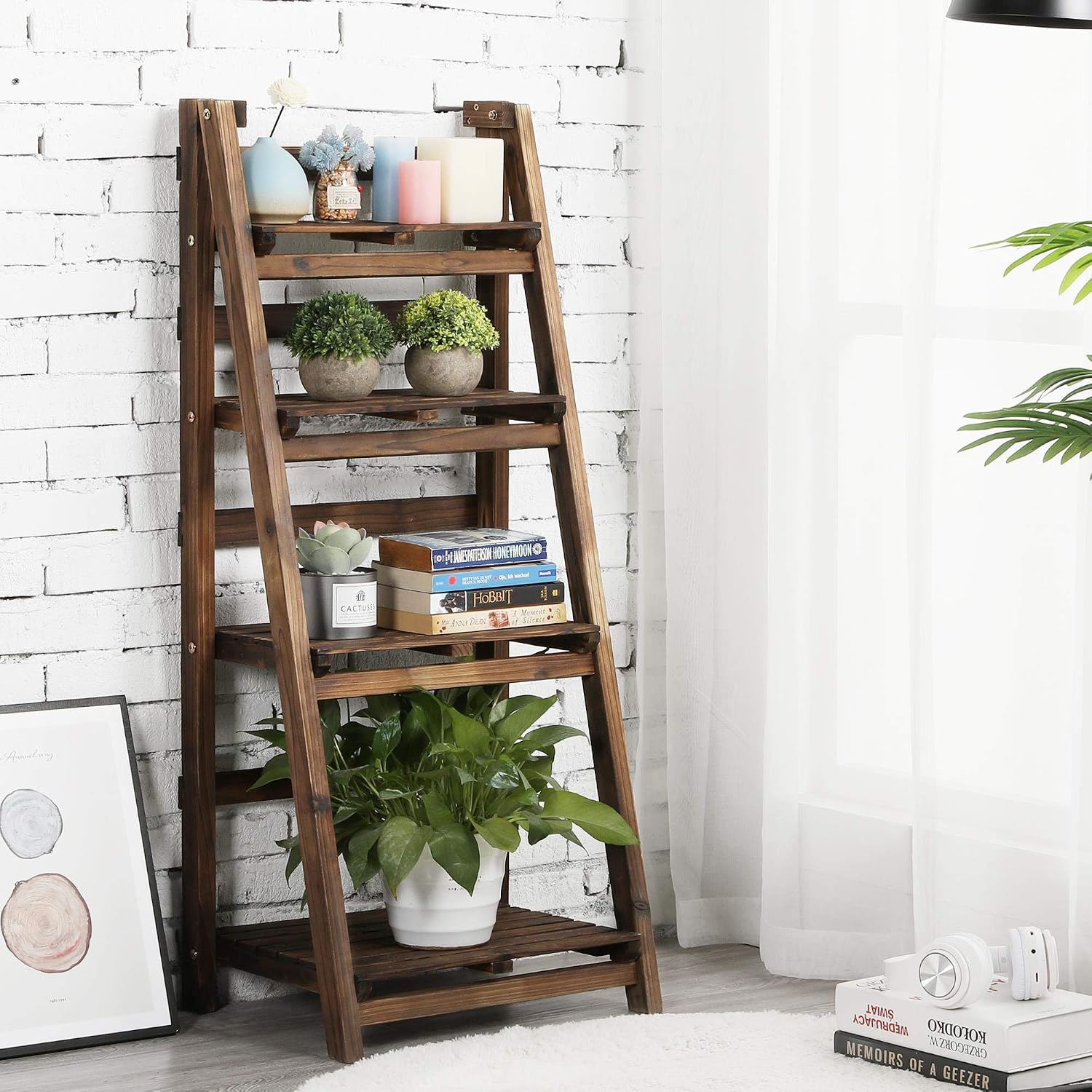 Yaheetech 4-Tier Foldable Shelf, Wood Ladder Shelf for Living Room Storage | Collapsible Wood Ladder Stand with Decorative Wall-Leaning Folding Shelves for Living Room, Bedroom, Balcony and Home Office.