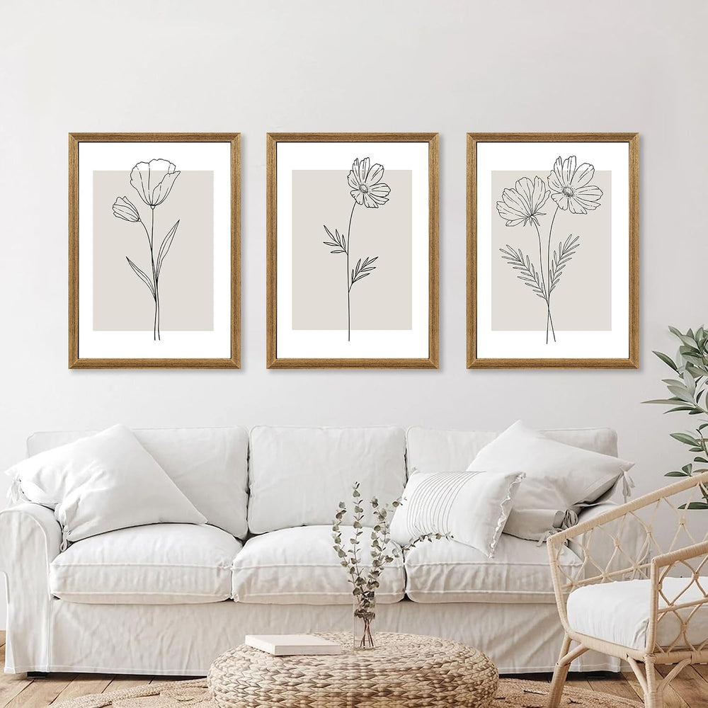 ICHZUMW Framed Black and White Neutral Floral Canvas Wall Art, 3pc 16x24 In