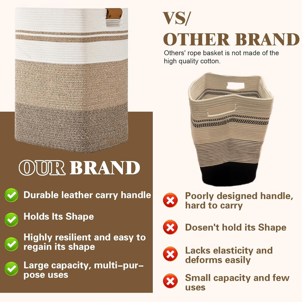Laundry Hamper, 95L Tall Laundry Basket with Leather Handles, Rectangle Large Clothes Hamper for Organizing, Cotton Woven Laundry Baskets Storage Hampers for Bedroom, Nursery, Living Room