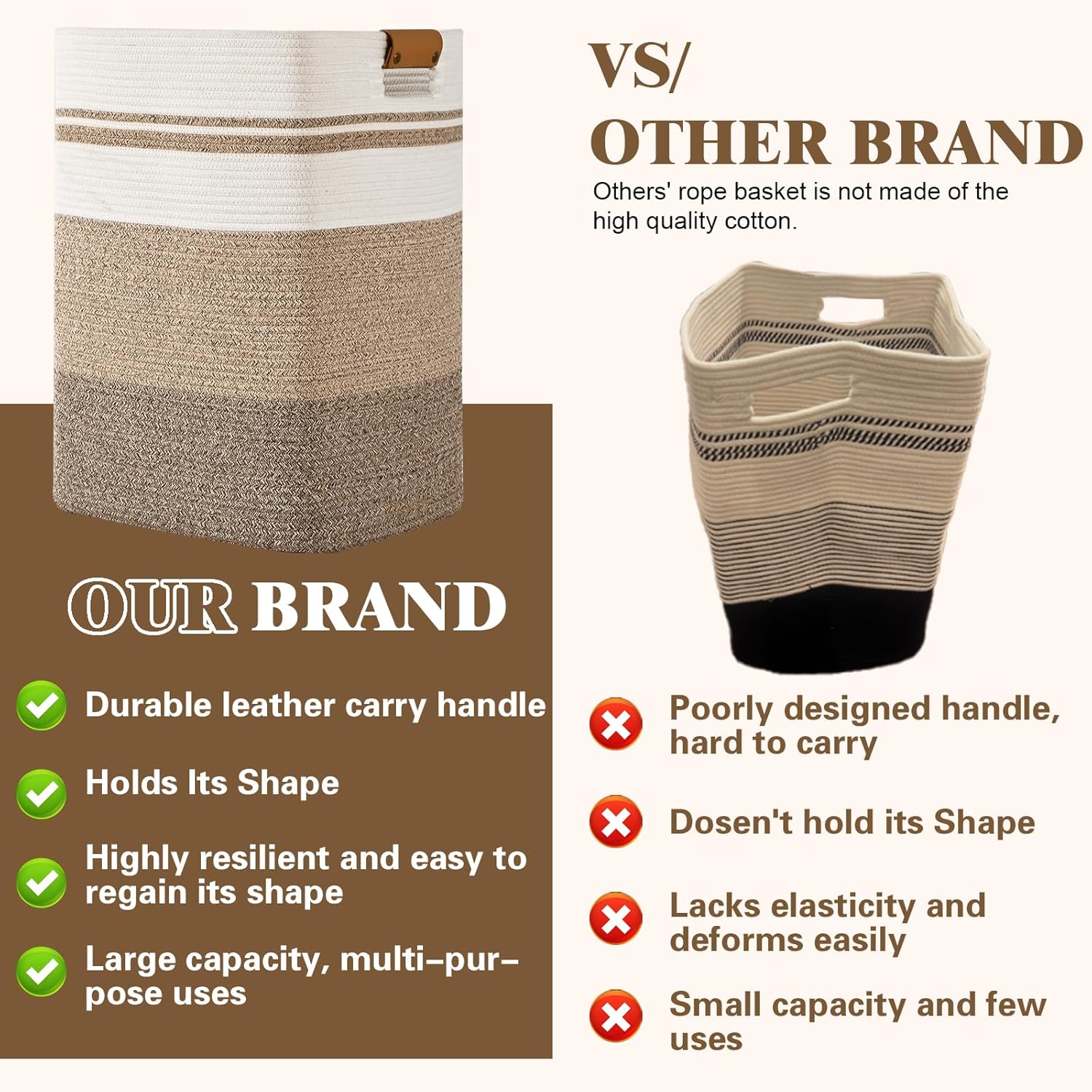 Laundry Hamper, 85L Tall Laundry Basket with Leather Handles, Rectangle Large Clothes Hamper for Organizing, Cotton Woven Laundry Baskets Storage Hampers for Bedroom, Nursery, Living Room