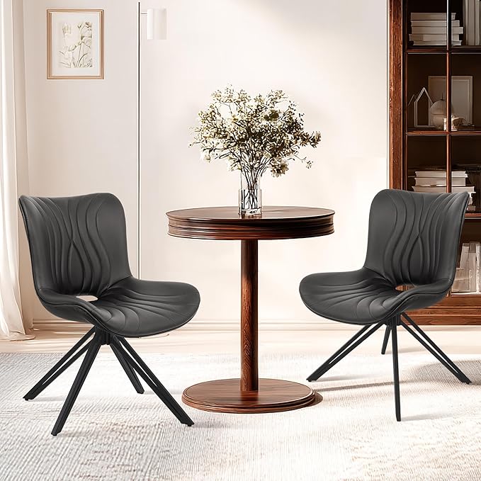 Dining Chairs Set of 2, 360° Swivel Upholstered Mid-Century Modern Kitchen Dining Room Chairs, Armless Faux Leather Accent Side Chair with Padded Back, Metal Leg, Black