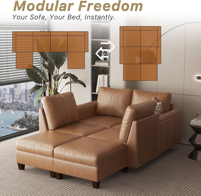 SITJOY 118" Faux Leather Modular Sectional Sofa with Storage, Mid Century Modern Sectional Couches for Living Room, Soft Padded Armrests, 4 Seater U-Shaped Couch with Ottoman, Brown