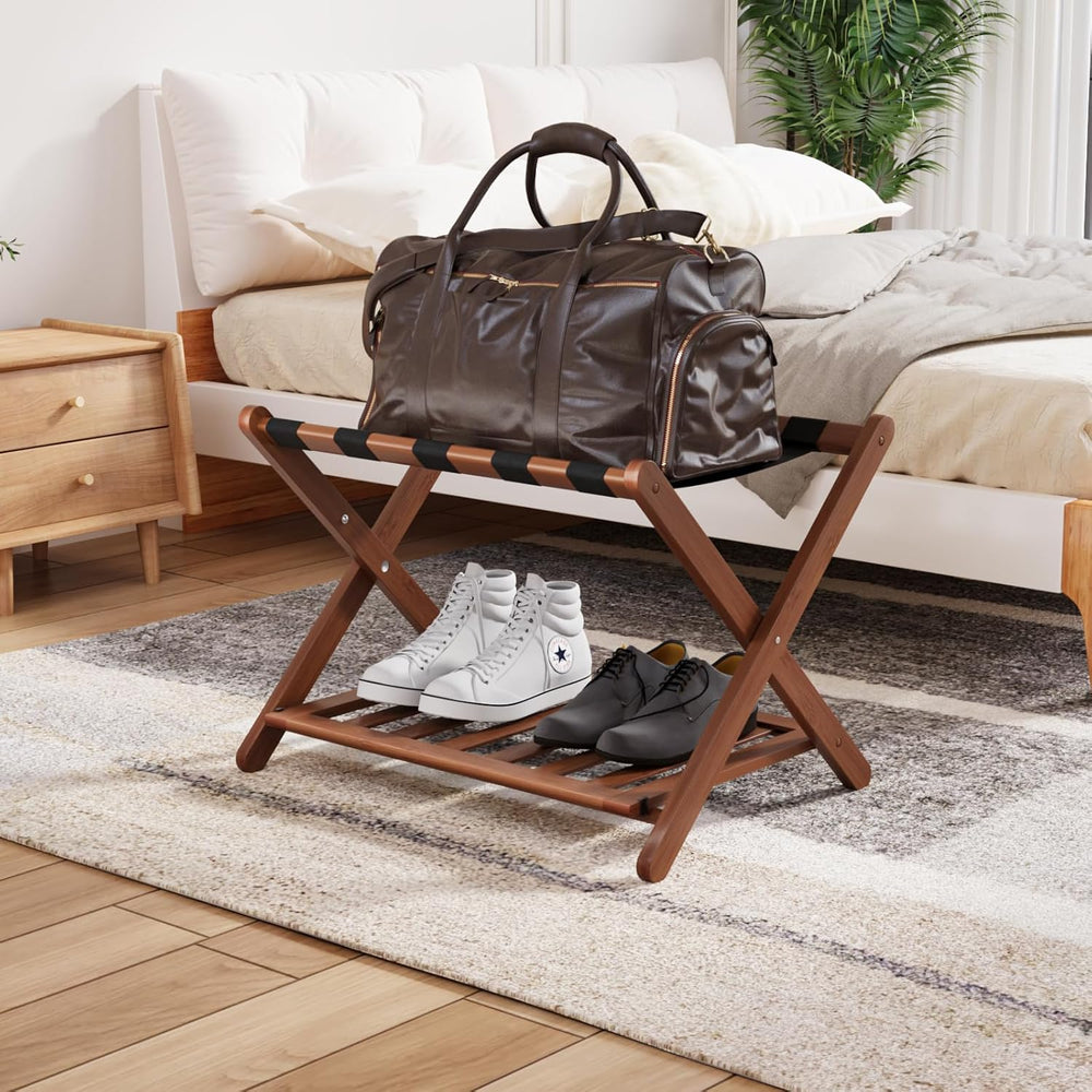 Smuxee Fully Assembled Walnut Luggage Rack, Upgraded Bamboo Foldable Suitcase...