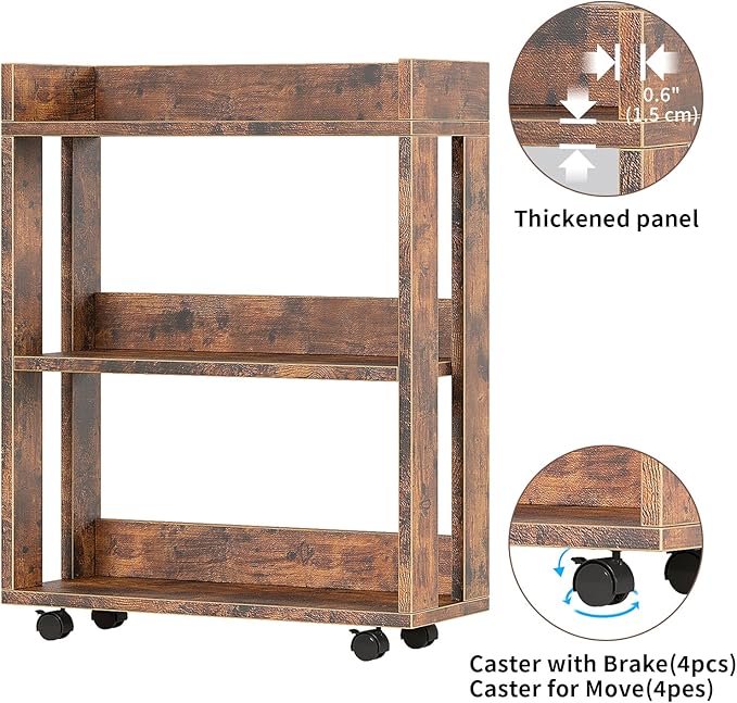ALISENED 3 Tier Nightstand with Wheels, Wood Small Bookshelf and Bookcase, Farmhouse Bedside End Table with Storage Rack for Bedroom, Library, Living Room, Home, Office Cart, Rustic
