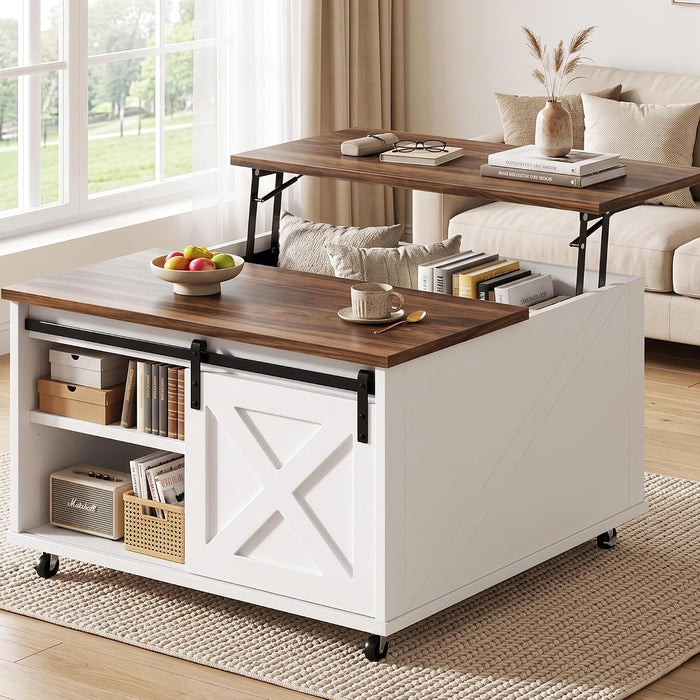 Shintenchi 31.5" Lift Top Coffee Table with Wheels & Storage, Square Farmhouse Lift Tabletop Coffee Tables for Living Room with Large Hidden Storage Compartments & Adjustable Shelves, White