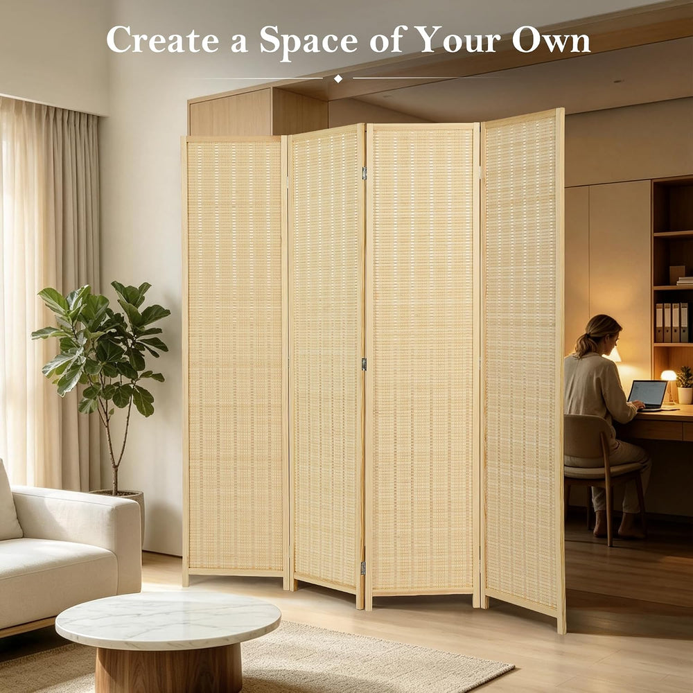 4 Panel Bamboo Room Divider, Folding Privacy Screen, Natural