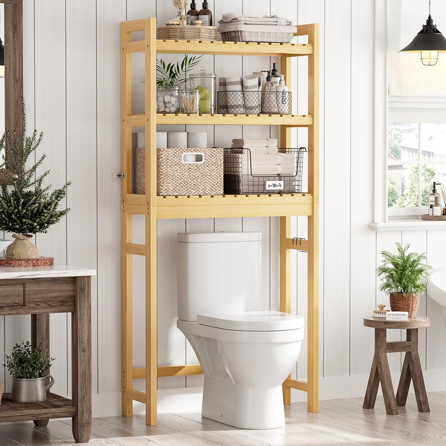 Homykic Over The Toilet Storage, 3-Tier Bamboo Bathroom Shelf with 3 Hooks, Above Toilet Organizer Rack Freestanding for Small Space, Restroom, Laundry, Easy Assembly, Natural