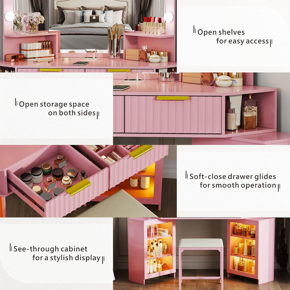 Corner Makeup Vanity with LED Triple Mirror and Charging Station - Pink | SKK...