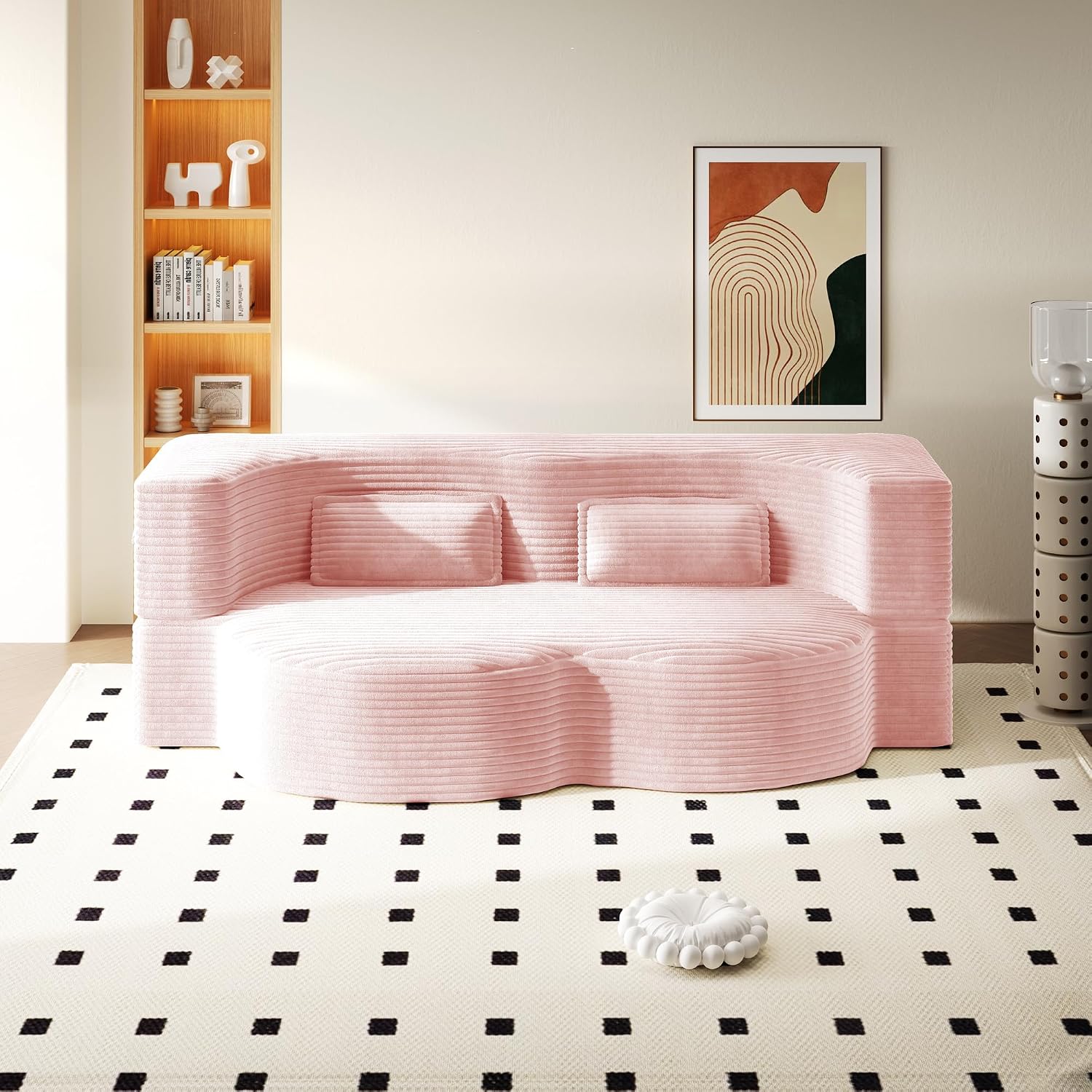 Convertible Folding Sofa Bed, 2-in-1 Full Size Floor Boneless Couch Bed, Corduroy Loveseat sleeper Couch Floor Sofa, Memory Foam Sleeper SofaBed, Small couches for small spaces, No Assembly, Baby Pink