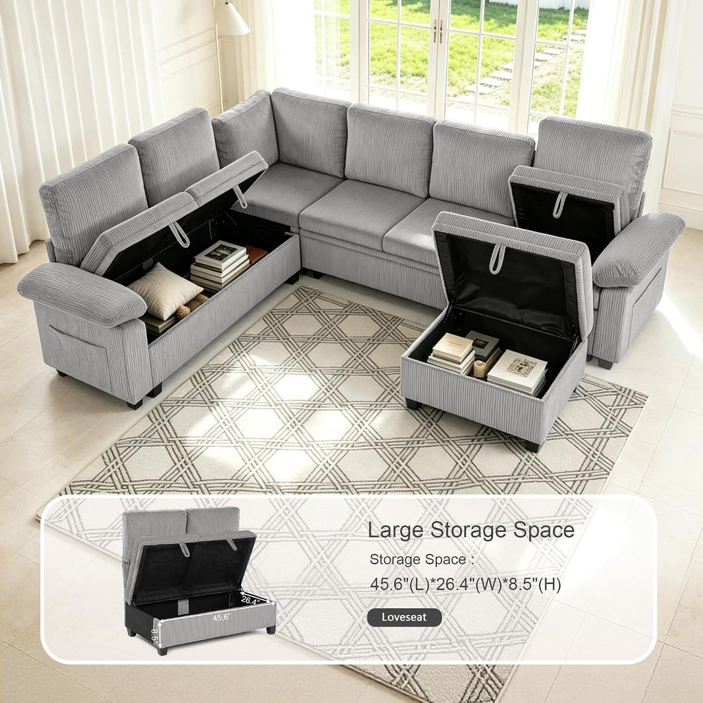 108″ Sectional Sleeper Sofa with Pull Out Bed, Modular Sectional Couch with Storage, L Shpaed 7-Seats Chenille Cloud Couch, Modular Sofa Bed for Living Room, Apartment, Office (Light Gray, 7 Seats)
