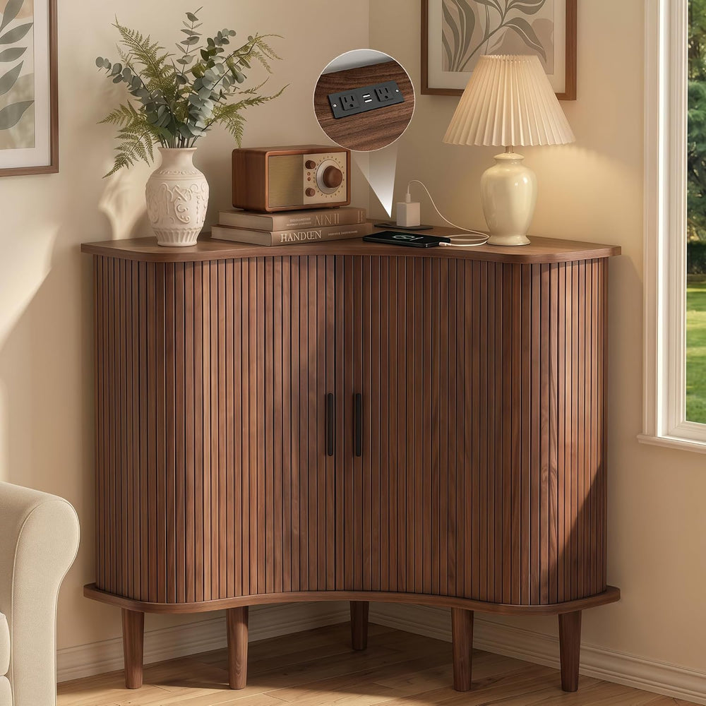 wanan Wood Fluted Corner Cabinet with Built-in Outlets, Triangle Storage Cabi...